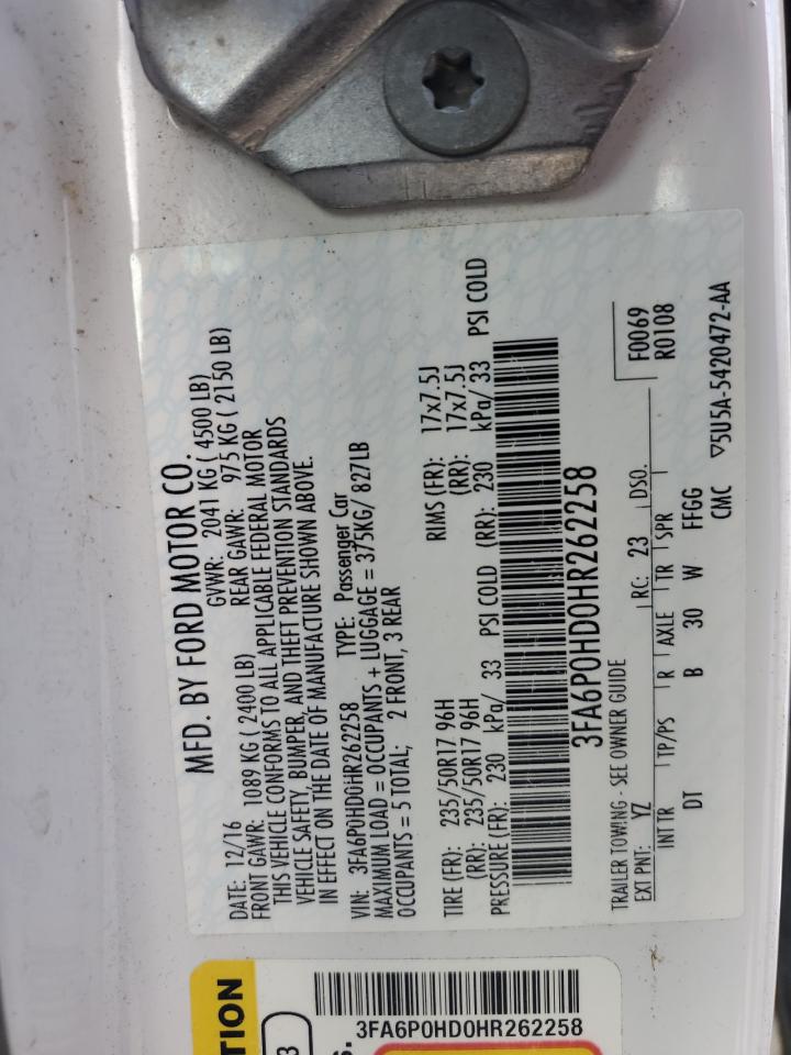 2017 Ford Fusion Se VIN: 3FA6P0HD0HR262258 Lot: 90340215