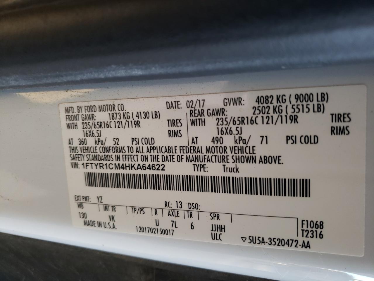 2017 Ford Transit Delivery Van VIN: 1FTYR1CM4HKA64622 Lot: 92697715