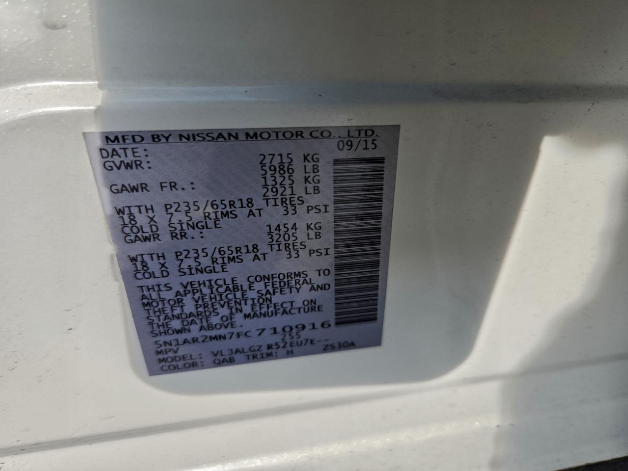 2015 Nissan Pathfinder S VIN: 5N1AR2MN7FC710916 Lot: 93119155