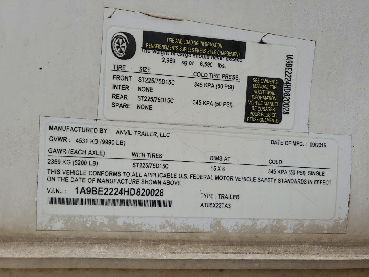 2017 Anvil At85X22Ta3 Enclosed Cargo Trailer VIN: 1A9BE2224HD820028 Lot: 92616815