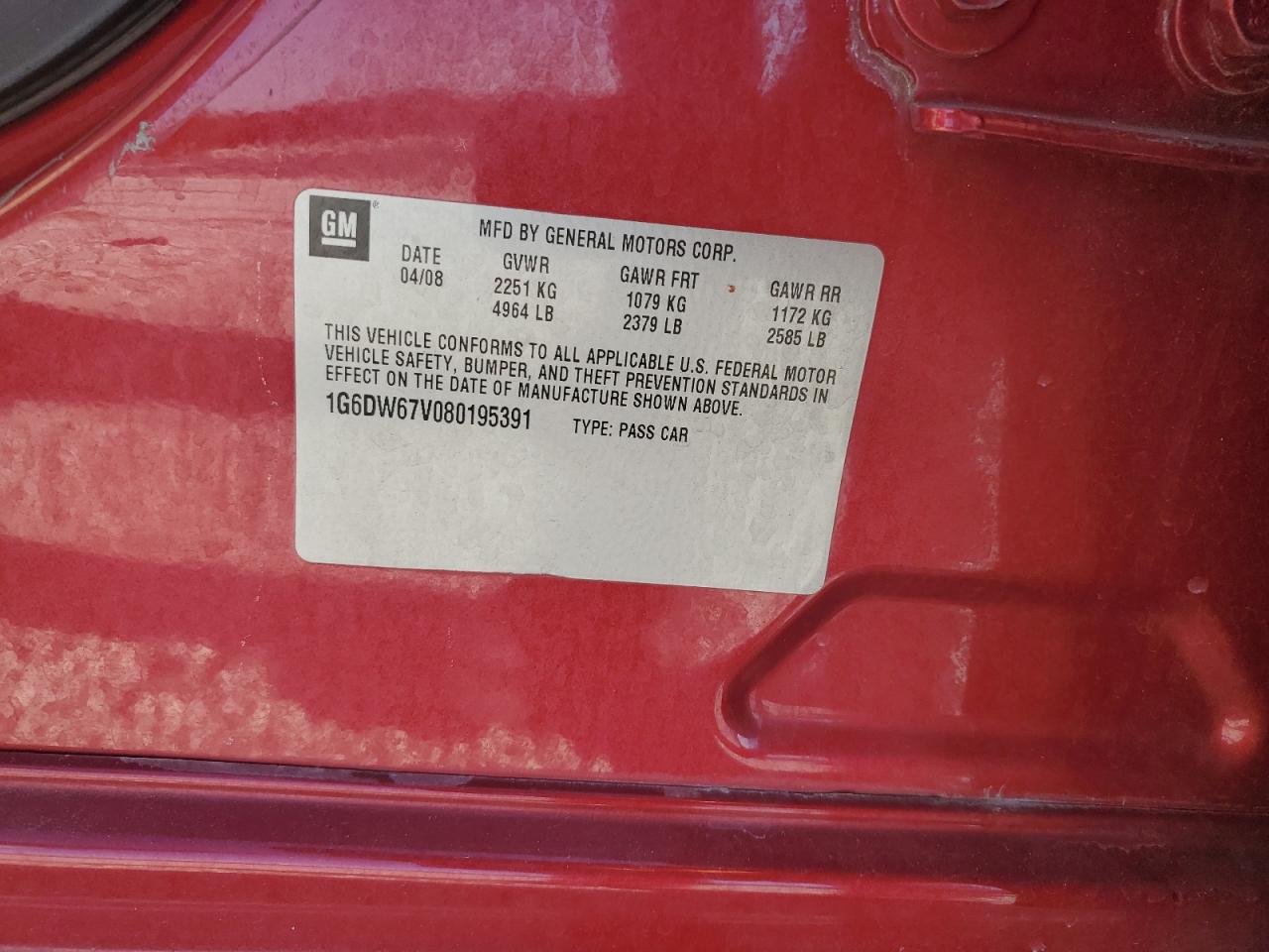 2008 Cadillac Sts VIN: 1G6DW67V080195391 Lot: 91144245