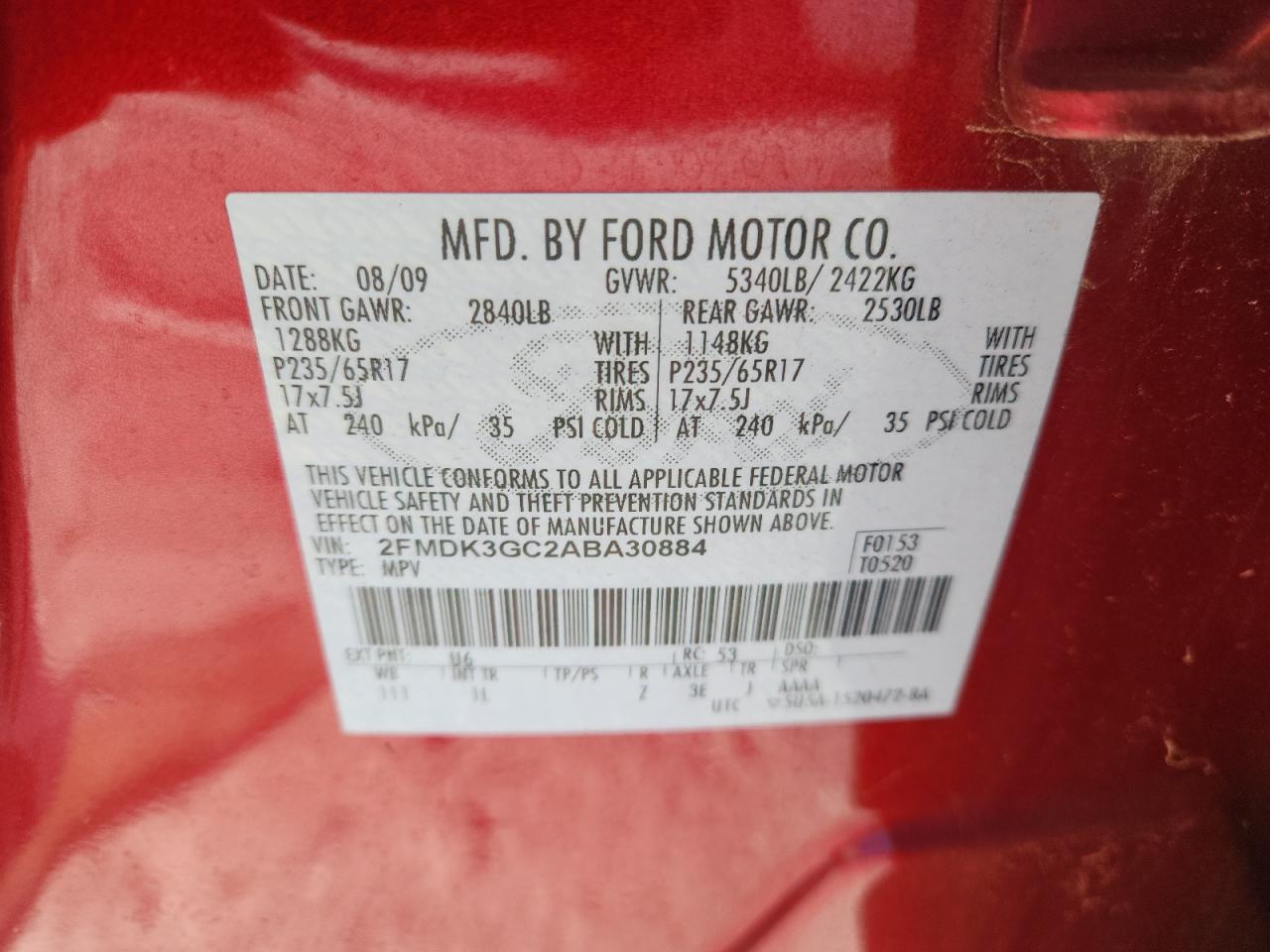 2010 Ford Edge Se VIN: 2FMDK3GC2ABA30884 Lot: 92249585