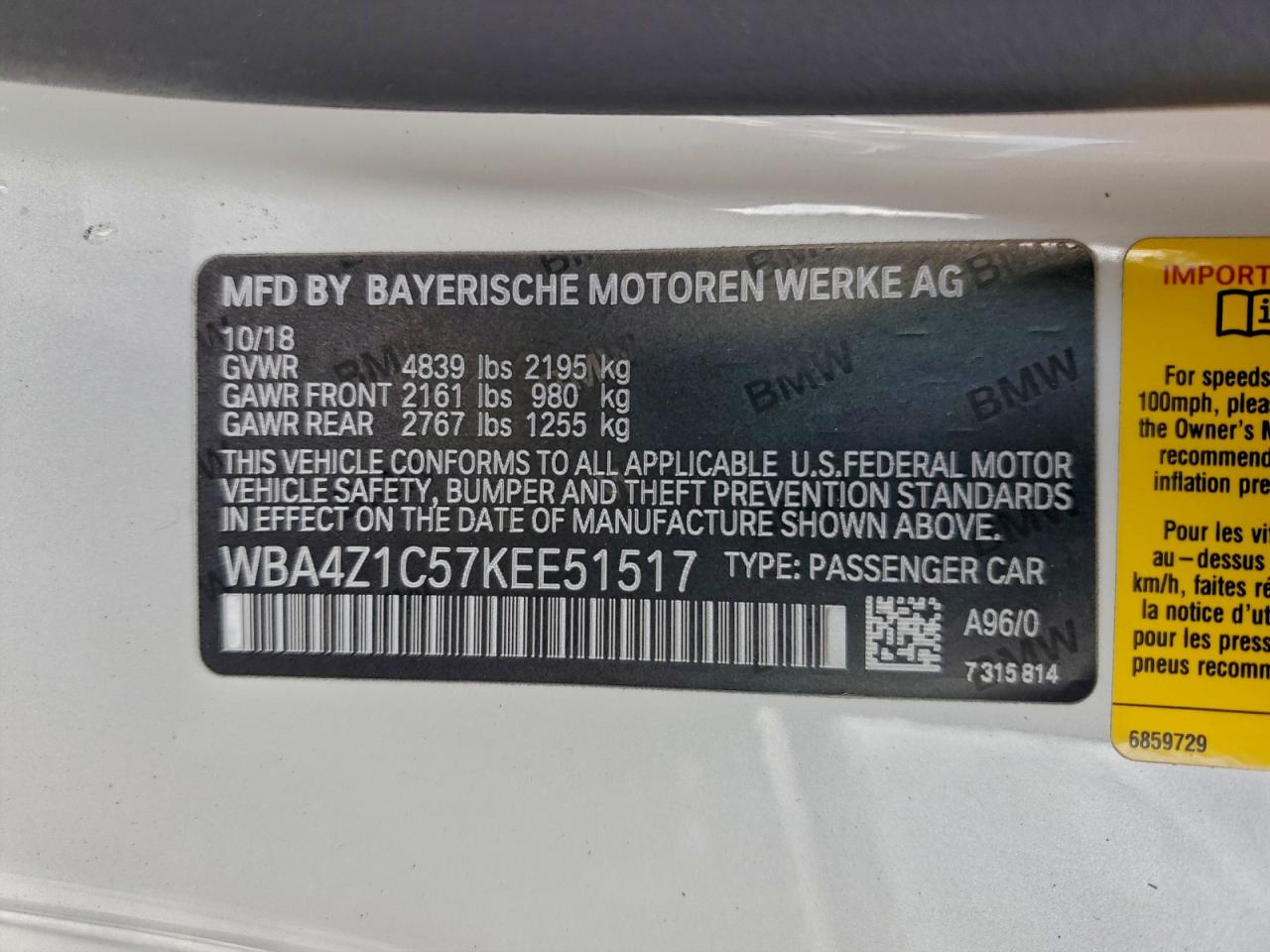 2019 BMW 430I VIN: WBA4Z1C57KEE51517 Lot: 91730875