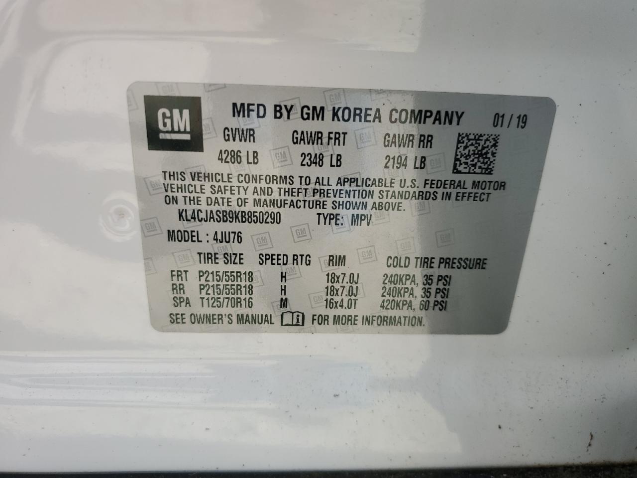 2019 Buick Encore Preferred VIN: KL4CJASB9KB850290 Lot: 91653245