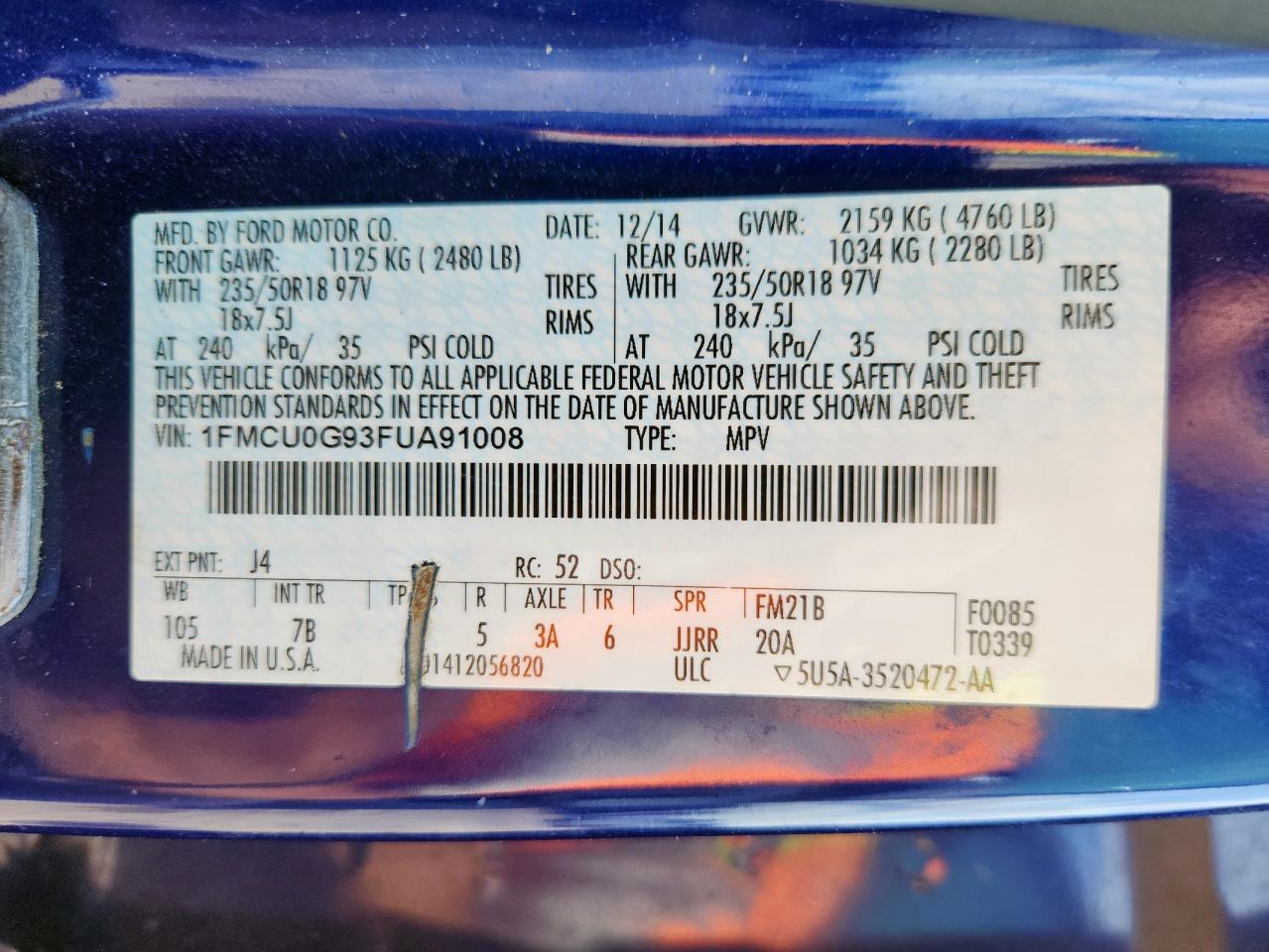 2015 Ford Escape Se VIN: 1FMCU0G93FUA91008 Lot: 93672955