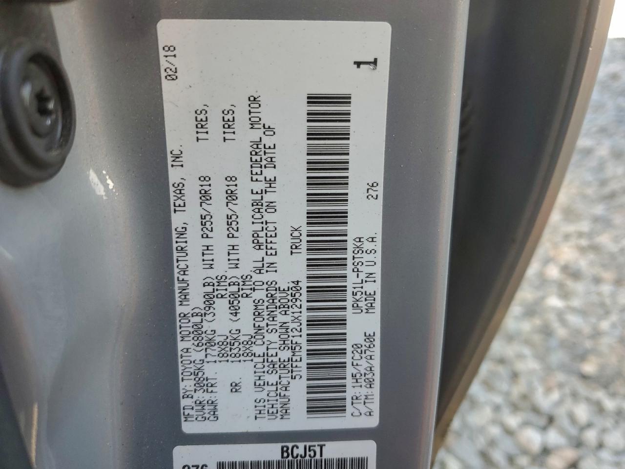 2018 Toyota Tundra Crewmax Sr5 VIN: 5TFEM5F12JX129504 Lot: 92424235