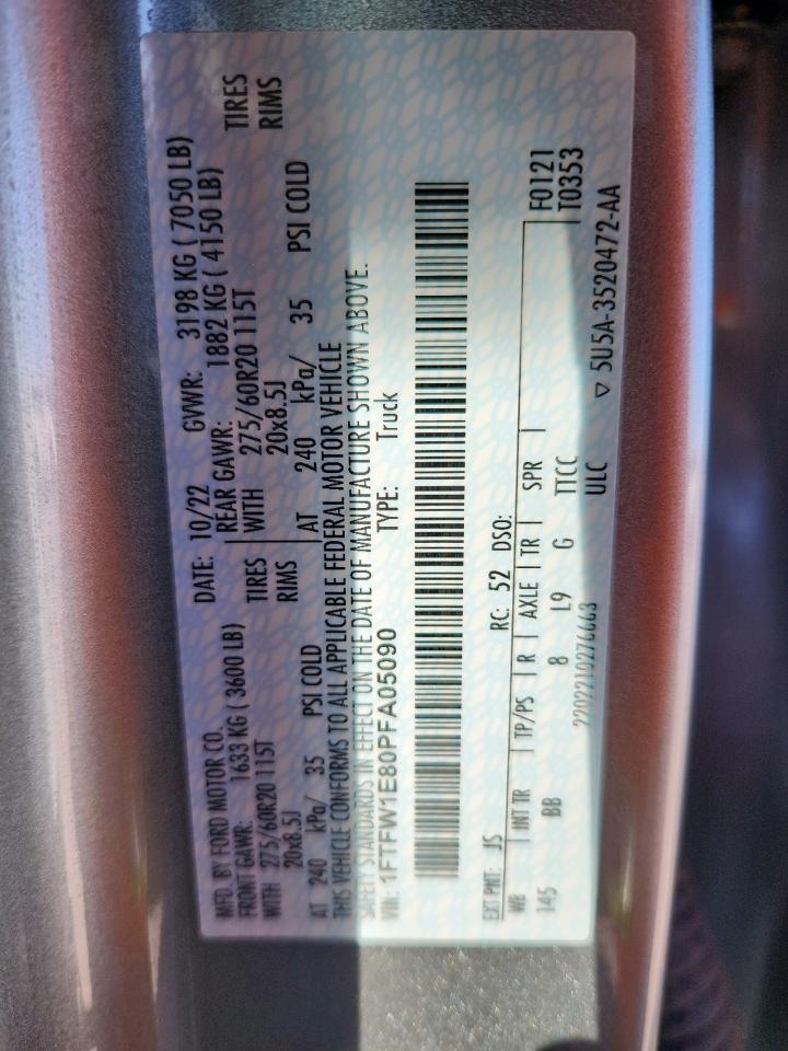 2023 Ford F150 Supercrew VIN: 1FTFW1E80PFA05090 Lot: 92223765