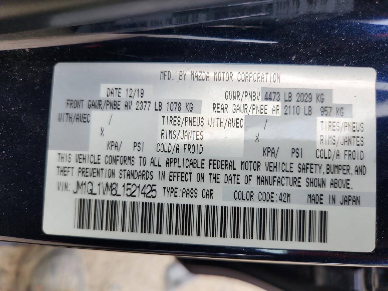 2020 Mazda 6 Touring VIN: JM1GL1VM8L1521425 Lot: 92918865