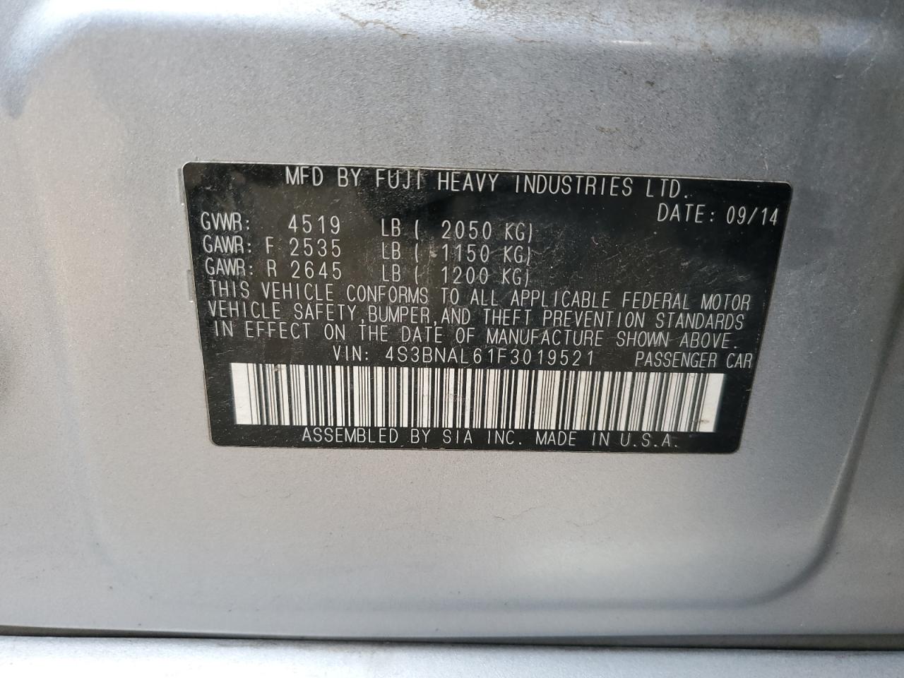 2015 Subaru Legacy 2.5I Limited VIN: 4S3BNAL61F3019521 Lot: 92263995