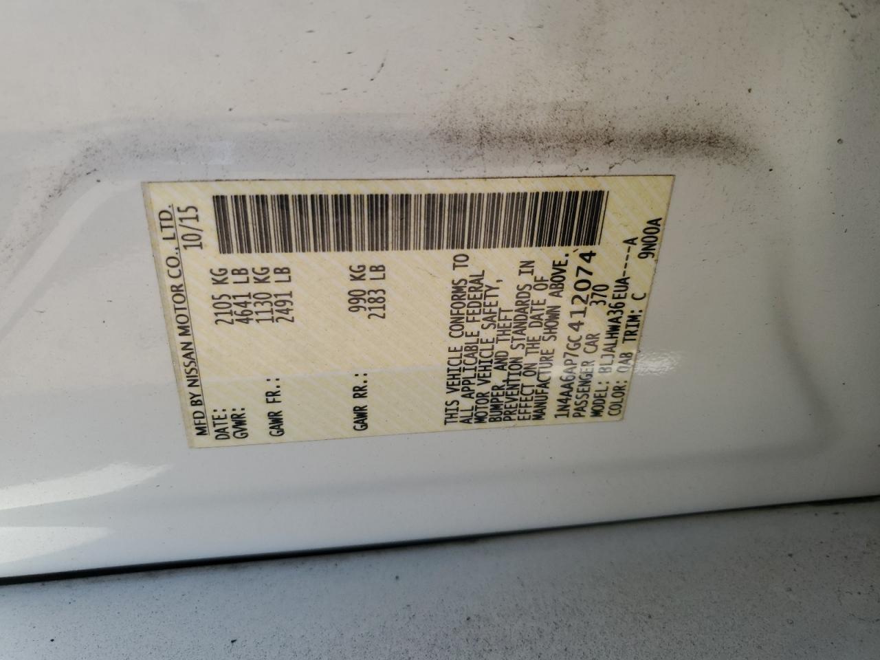 2016 Nissan Maxima 3.5S VIN: 1N4AA6AP7GC412074 Lot: 92939935