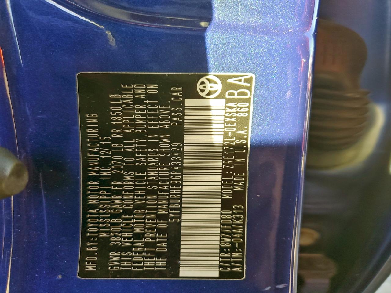 2016 Toyota Corolla L VIN: 5YFBURHE9GP433429 Lot: 94558495