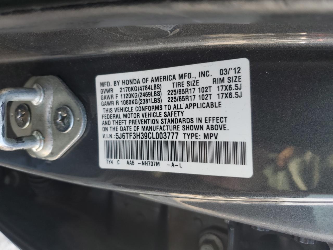 2012 Honda Crosstour Ex VIN: 5J6TF3H39CL003777 Lot: 92402925