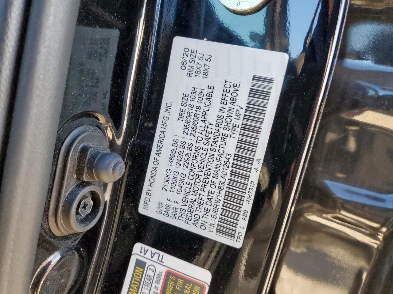 2020 Honda Cr-V Exl VIN: 5J6RW1H83LA012643 Lot: 91842175