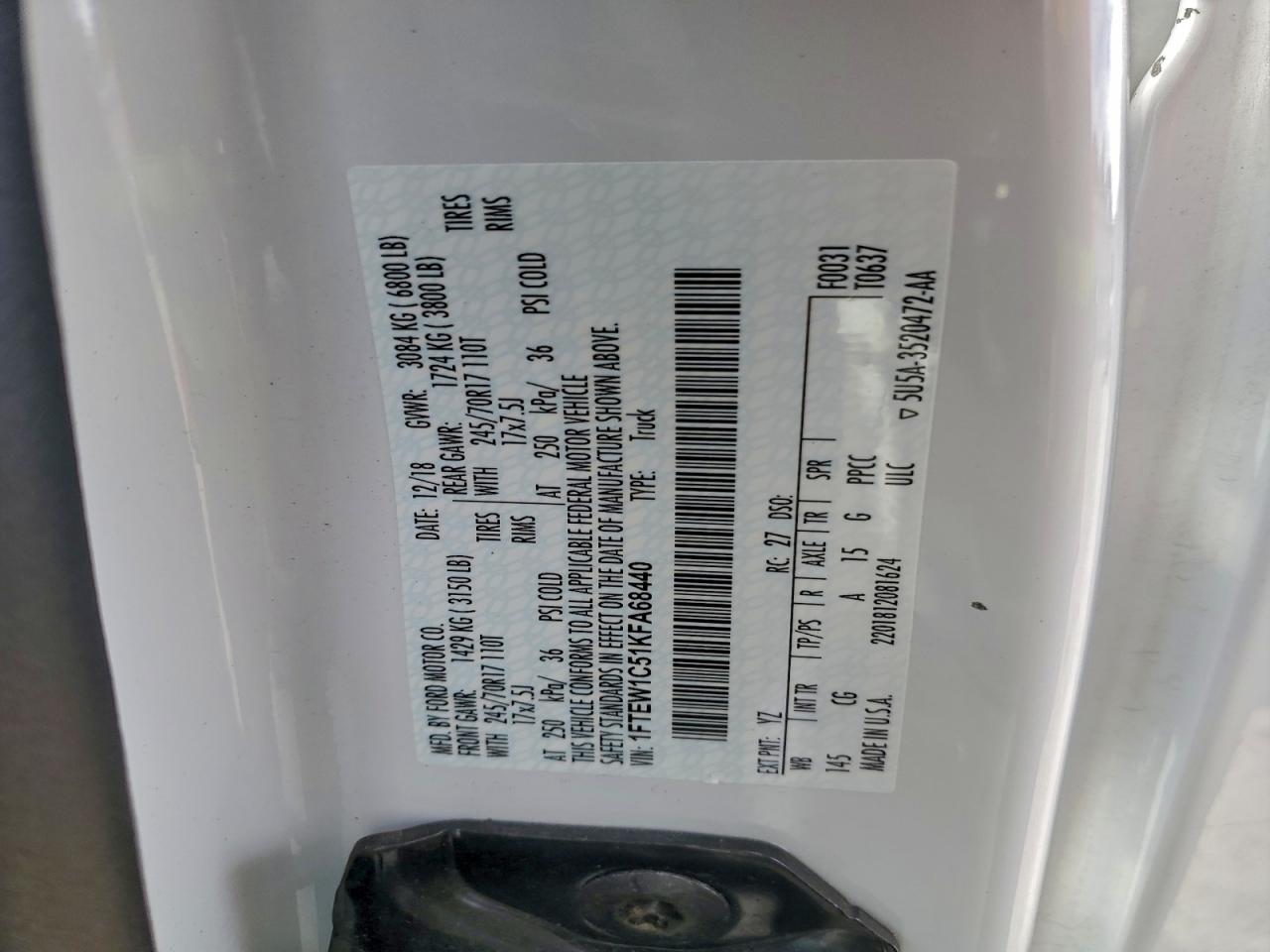 2019 Ford F150 Supercrew VIN: 1FTEW1C51KFA68440 Lot: 94300735