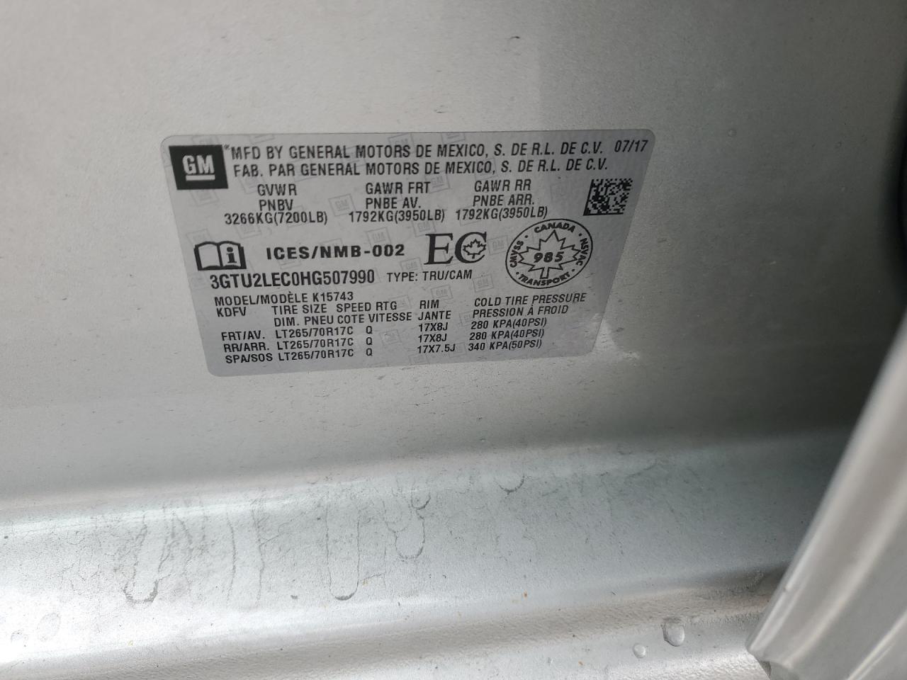 2017 GMC Sierra K1500 VIN: 3GTU2LEC0HG507990 Lot: 91367605