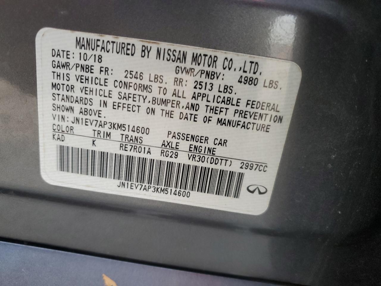 2019 Infiniti Q50 Luxe VIN: JN1EV7AP3KM514600 Lot: 93067825