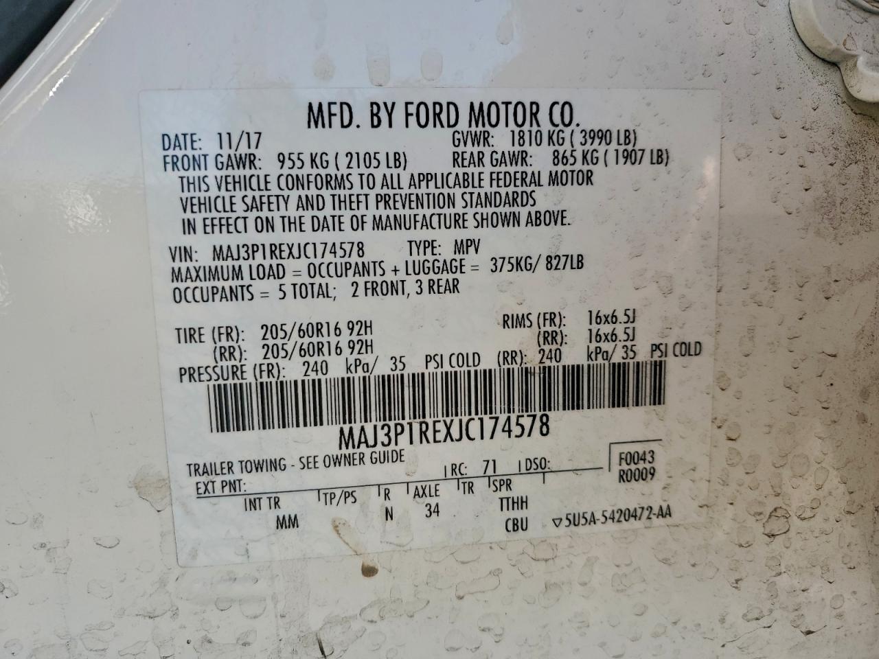 2018 Ford Ecosport S VIN: MAJ3P1REXJC174578 Lot: 94288805
