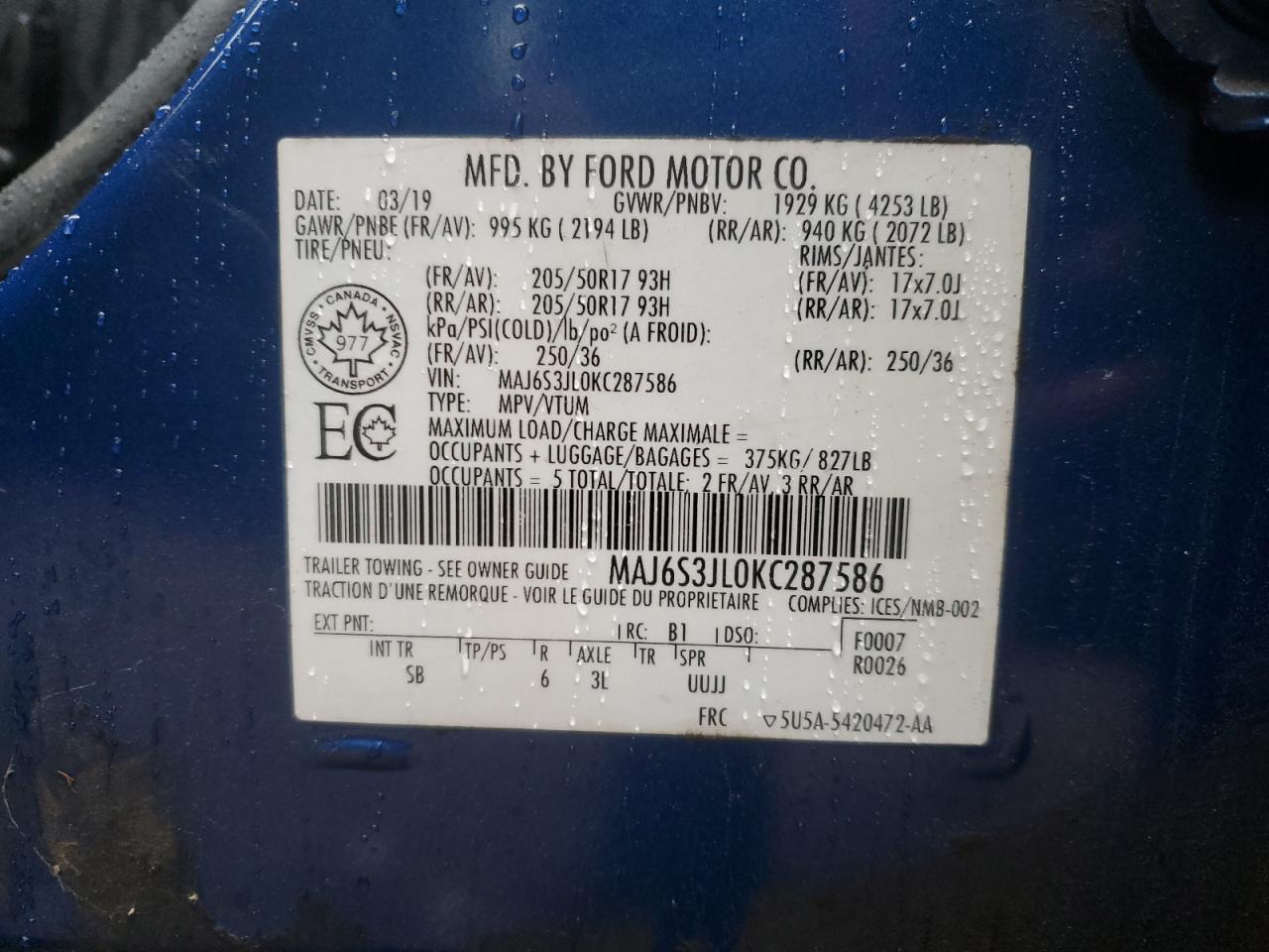 2019 Ford Ecosport Ses VIN: MAJ6S3JL0KC287586 Lot: 90455835