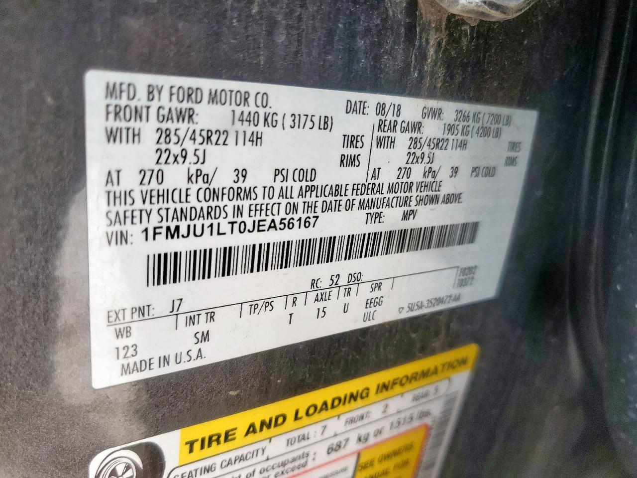 2018 Ford Expedition Platinum VIN: 1FMJU1LT0JEA56167 Lot: 93471385