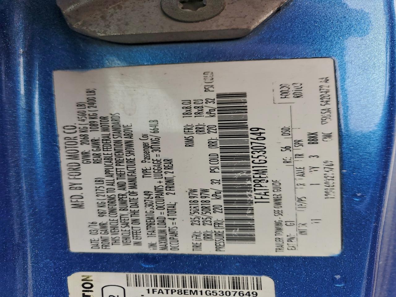 2016 Ford Mustang VIN: 1FATP8EM1G5307649 Lot: 94280835