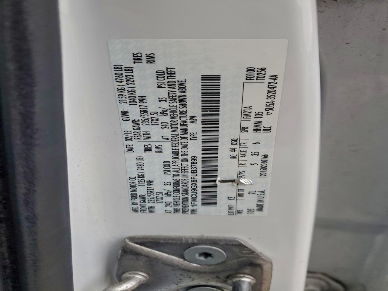 2015 Ford Escape Se VIN: 1FMCU9GX6FUB37899 Lot: 92506745