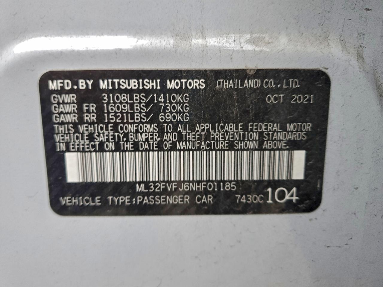 2022 Mitsubishi Mirage G4 Se VIN: ML32FVFJ6NHF01185 Lot: 94270315