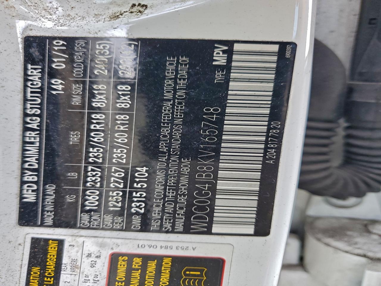 2019 Mercedes-Benz Glc 300 VIN: WDC0G4JB8KV165748 Lot: 94510975