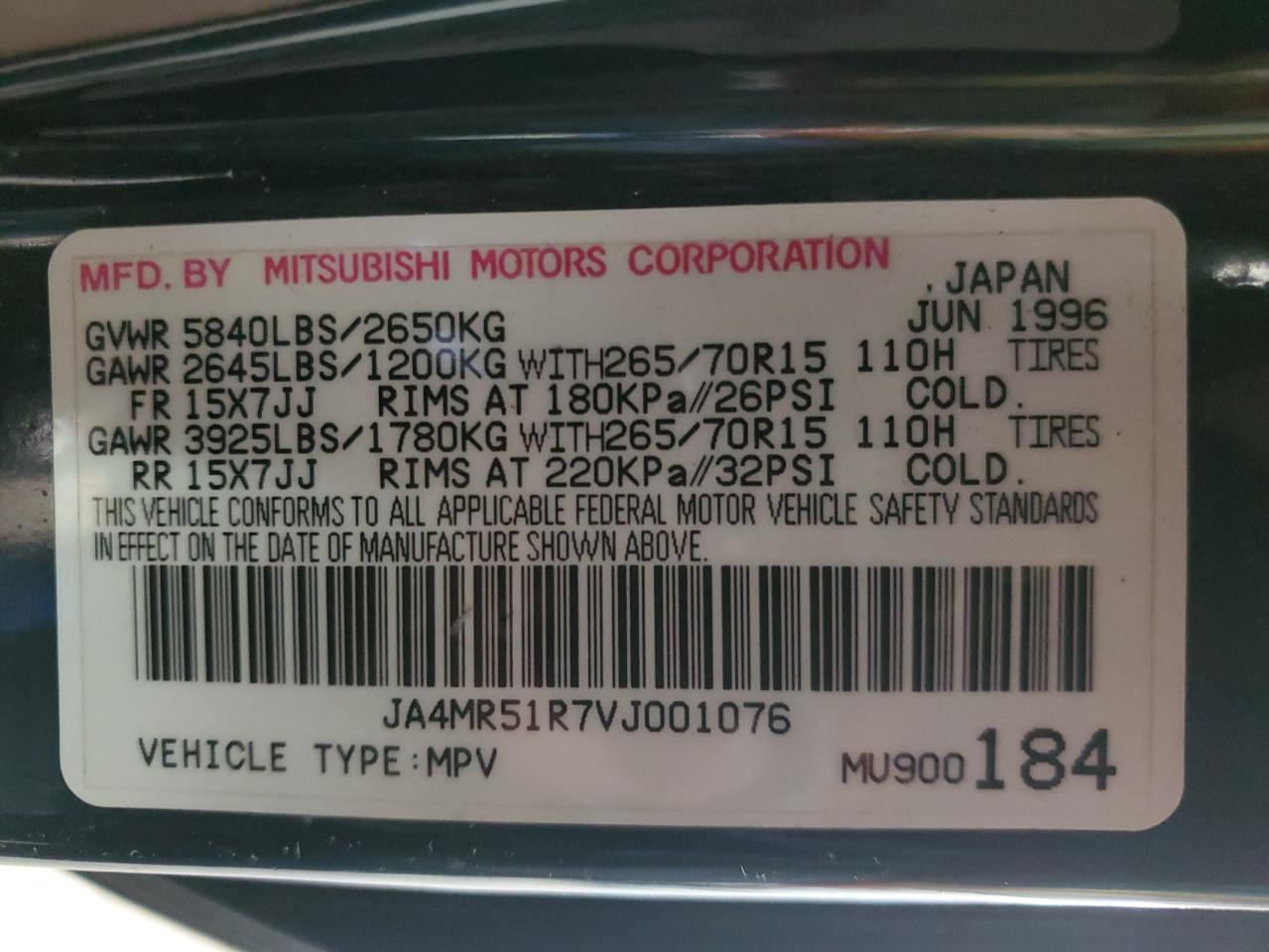 1997 Mitsubishi Montero Sr VIN: JA4MR51R7VJ001076 Lot: 91085325