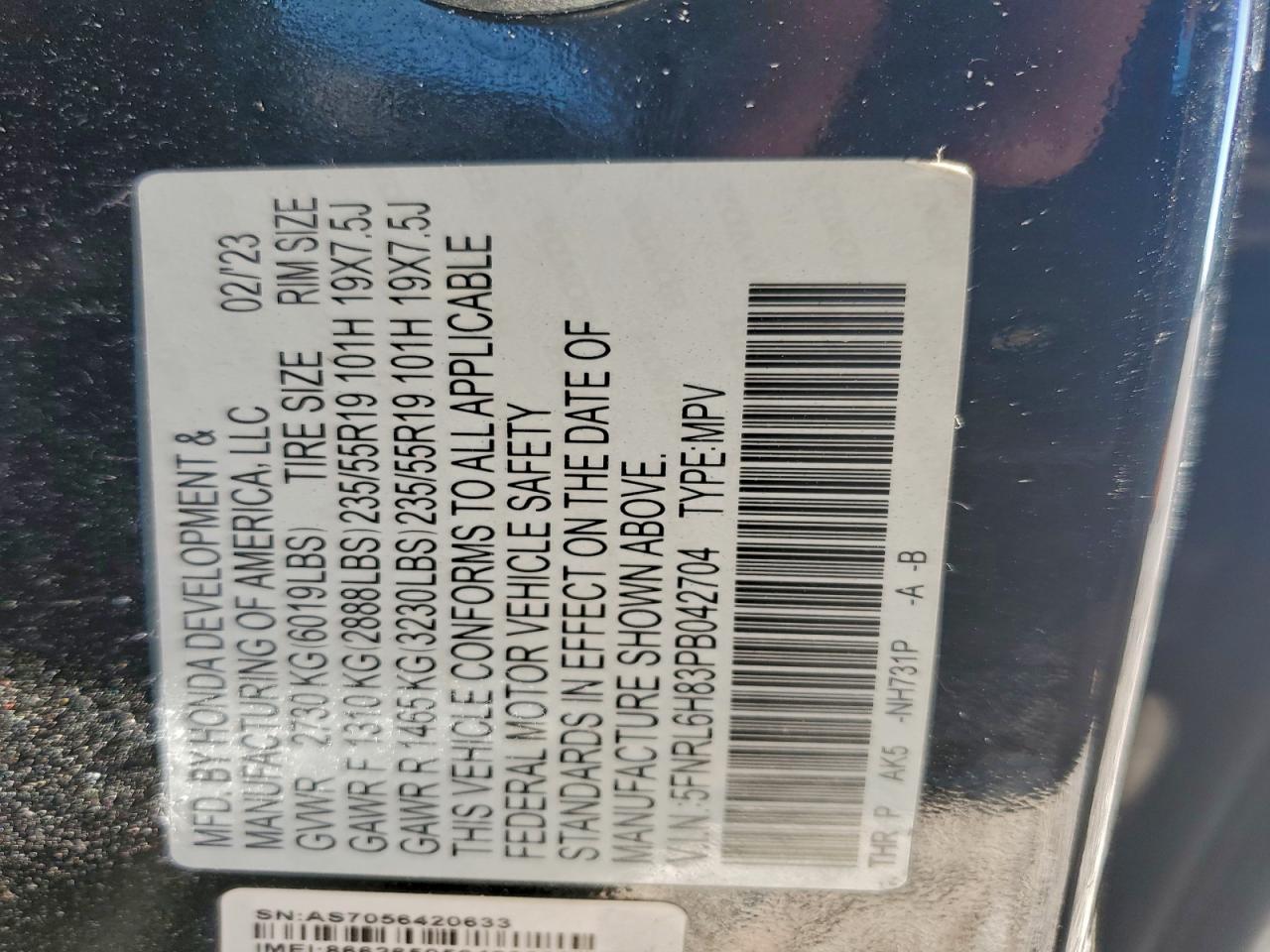 2023 Honda Odyssey Touring VIN: 5FNRL6H83PB042704 Lot: 94561995