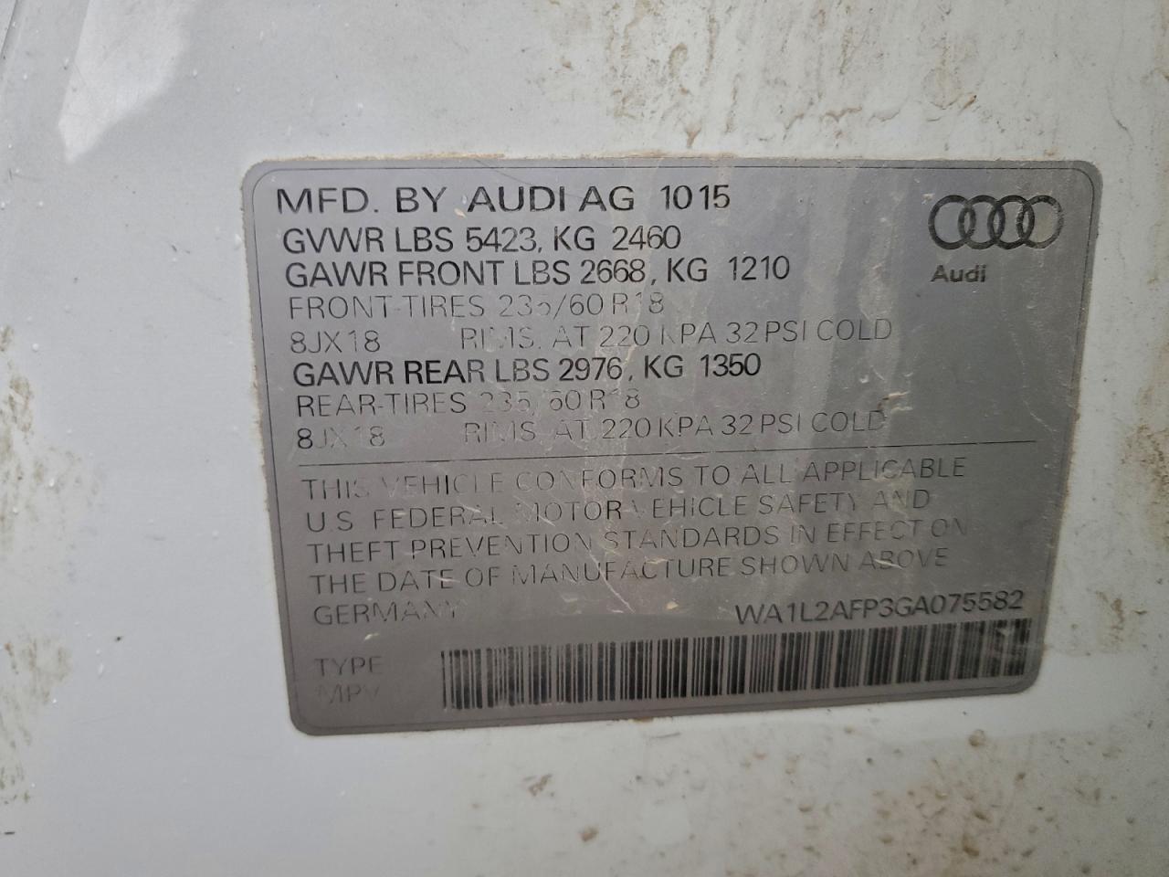 2016 Audi Q5 Premium Plus VIN: WA1L2AFP3GA075582 Lot: 93596335