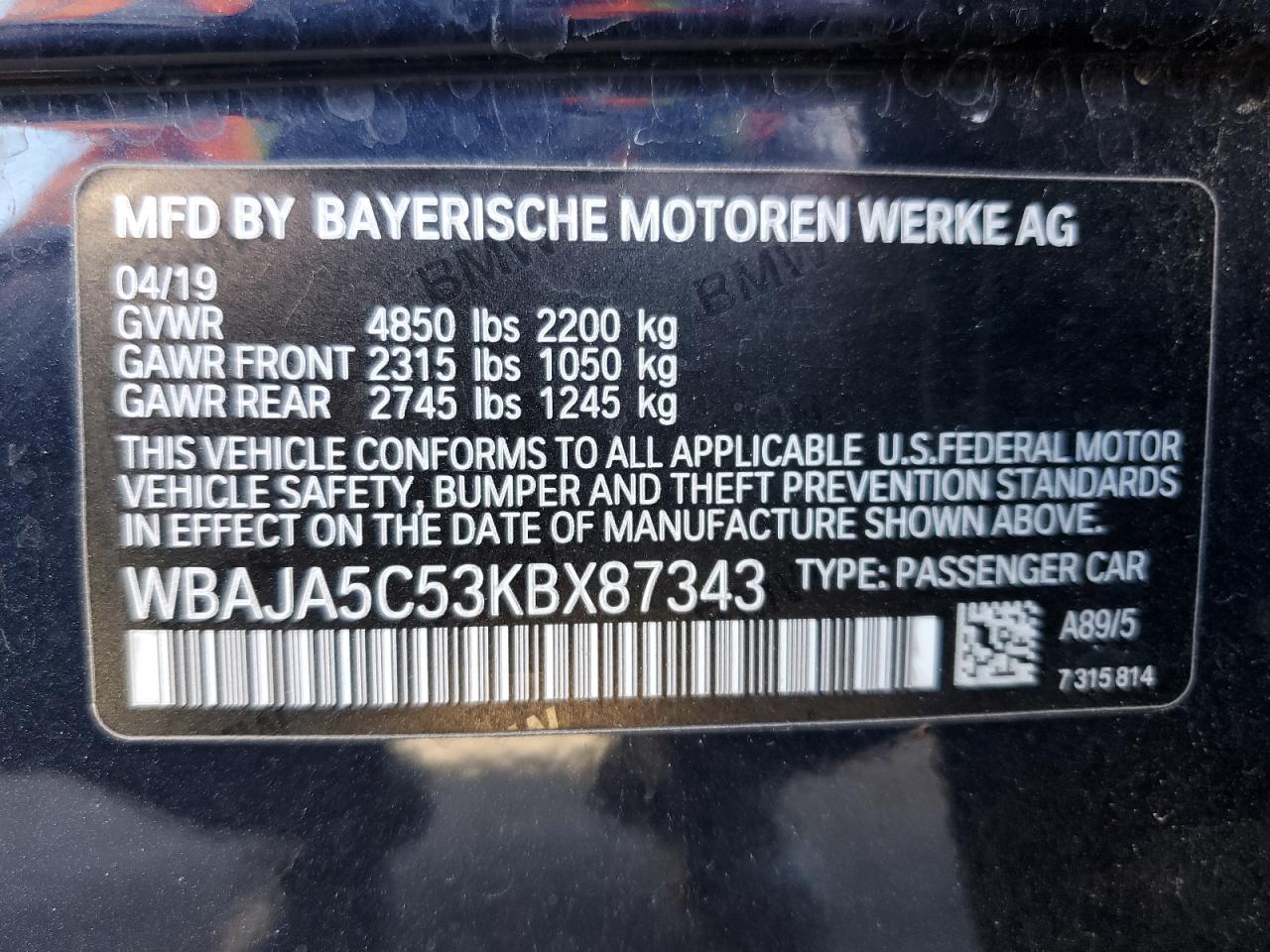 2019 BMW 530 I VIN: WBAJA5C53KBX87343 Lot: 92028195