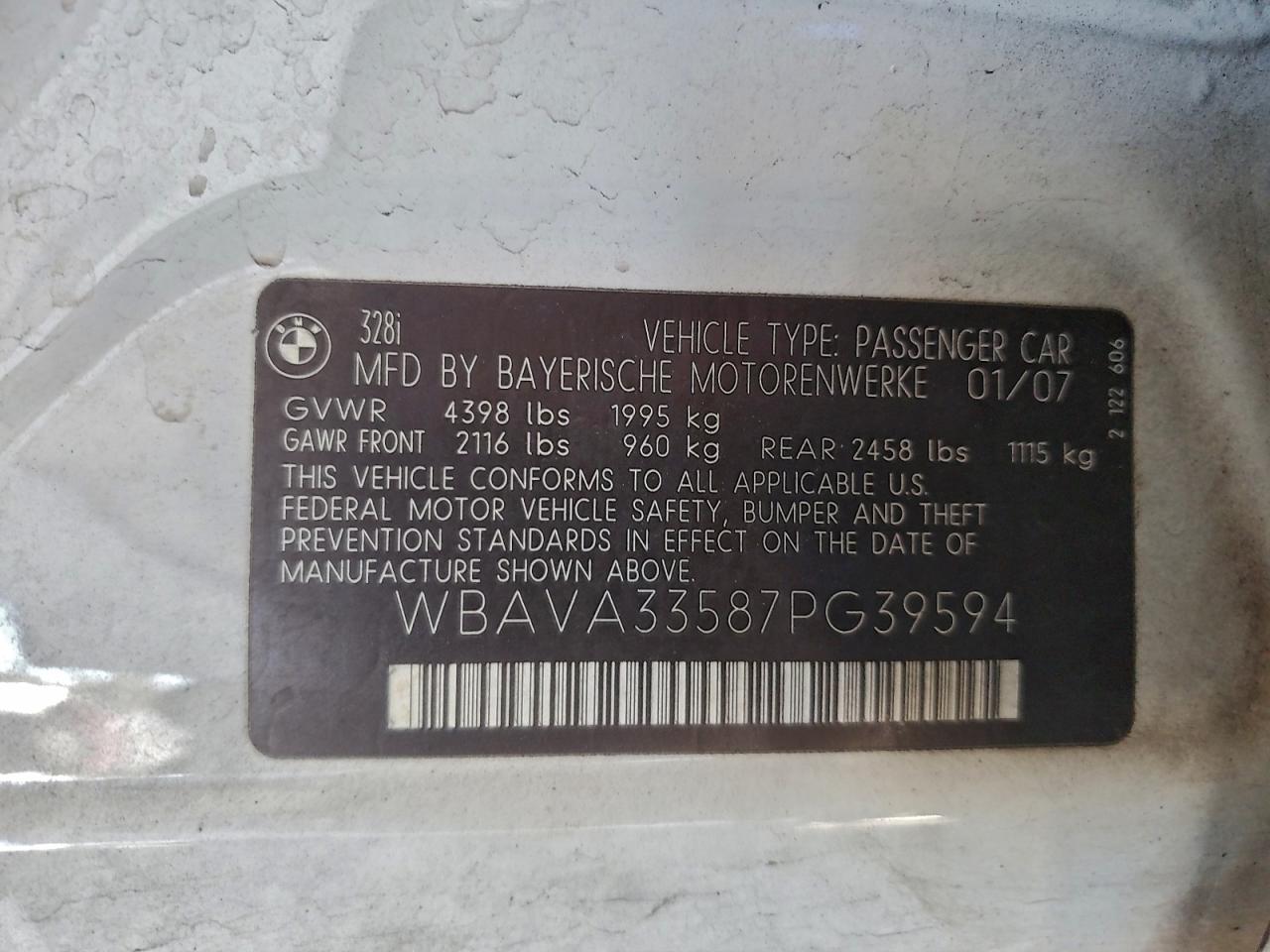 2007 BMW 328 I VIN: WBAVA33587PG39594 Lot: 94193815