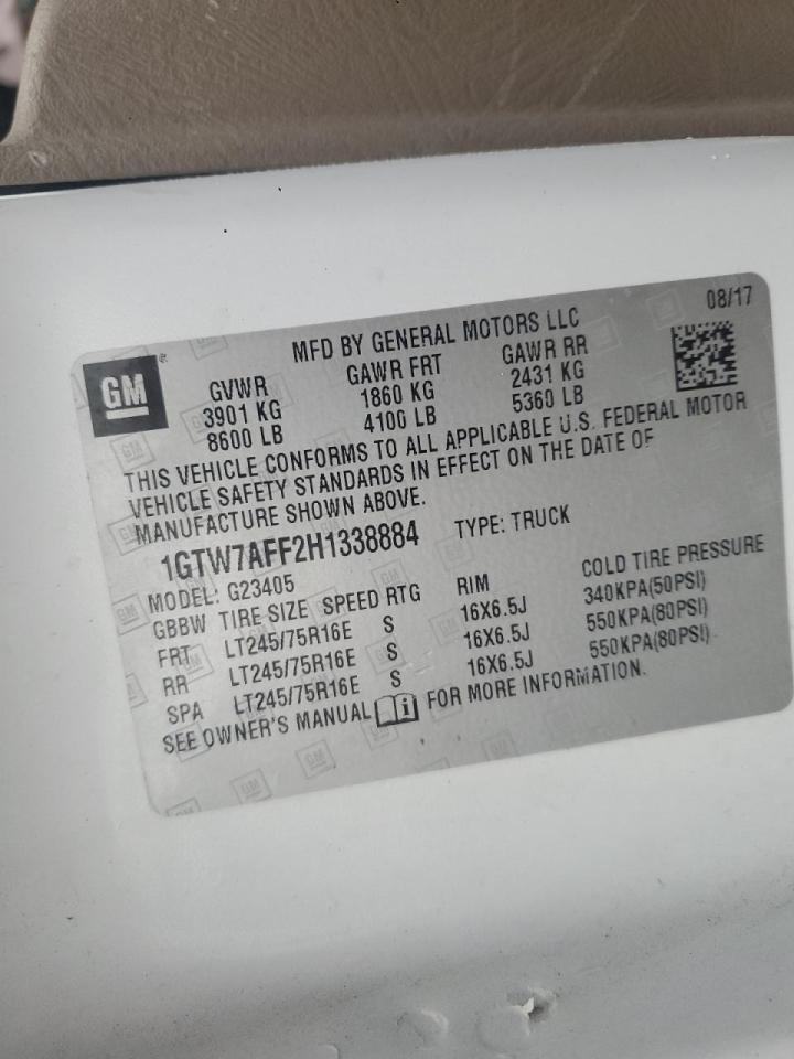 2017 GMC Savana G2500 Delivery Van VIN: 1GTW7AFF2H1338884 Lot: 92851065