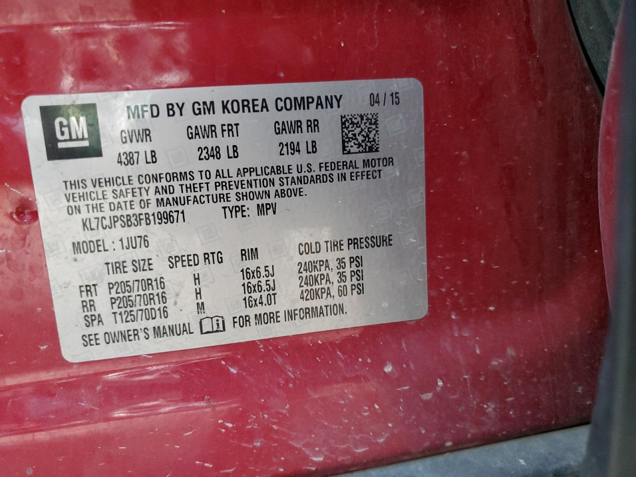 2015 Chevrolet Trax 1Ls VIN: KL7CJPSB3FB199671 Lot: 92048095