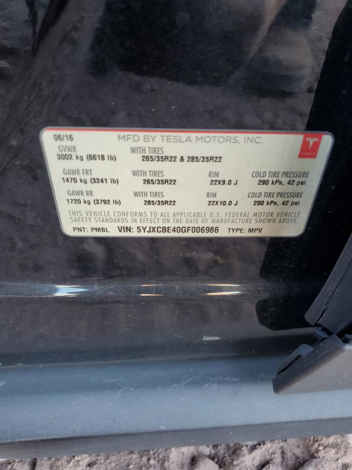 2016 Tesla Model X VIN: 5YJXCBE40GF006986 Lot: 92688285