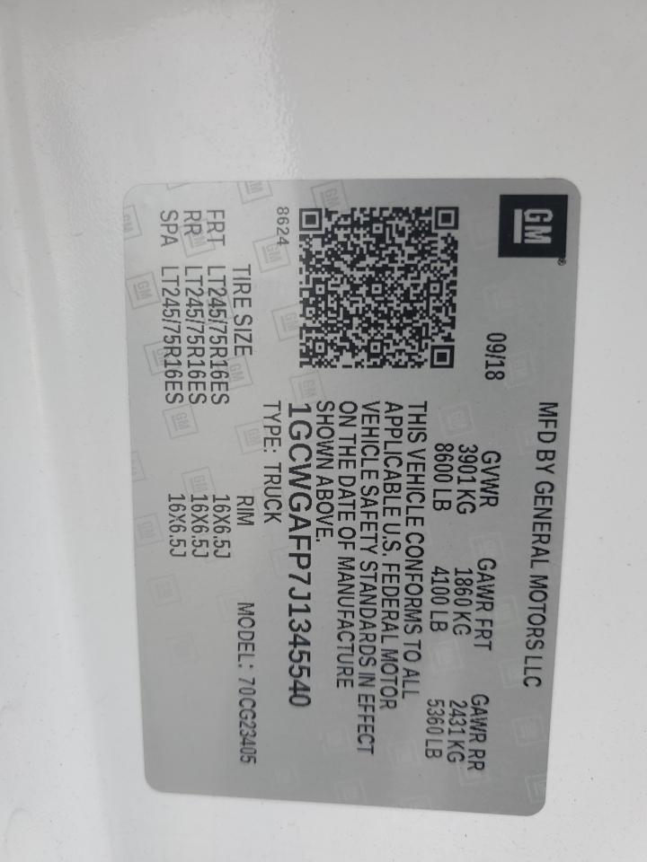 2018 Chevrolet Express G2500 VIN: 1GCWGAFP7J1345540 Lot: 92583885