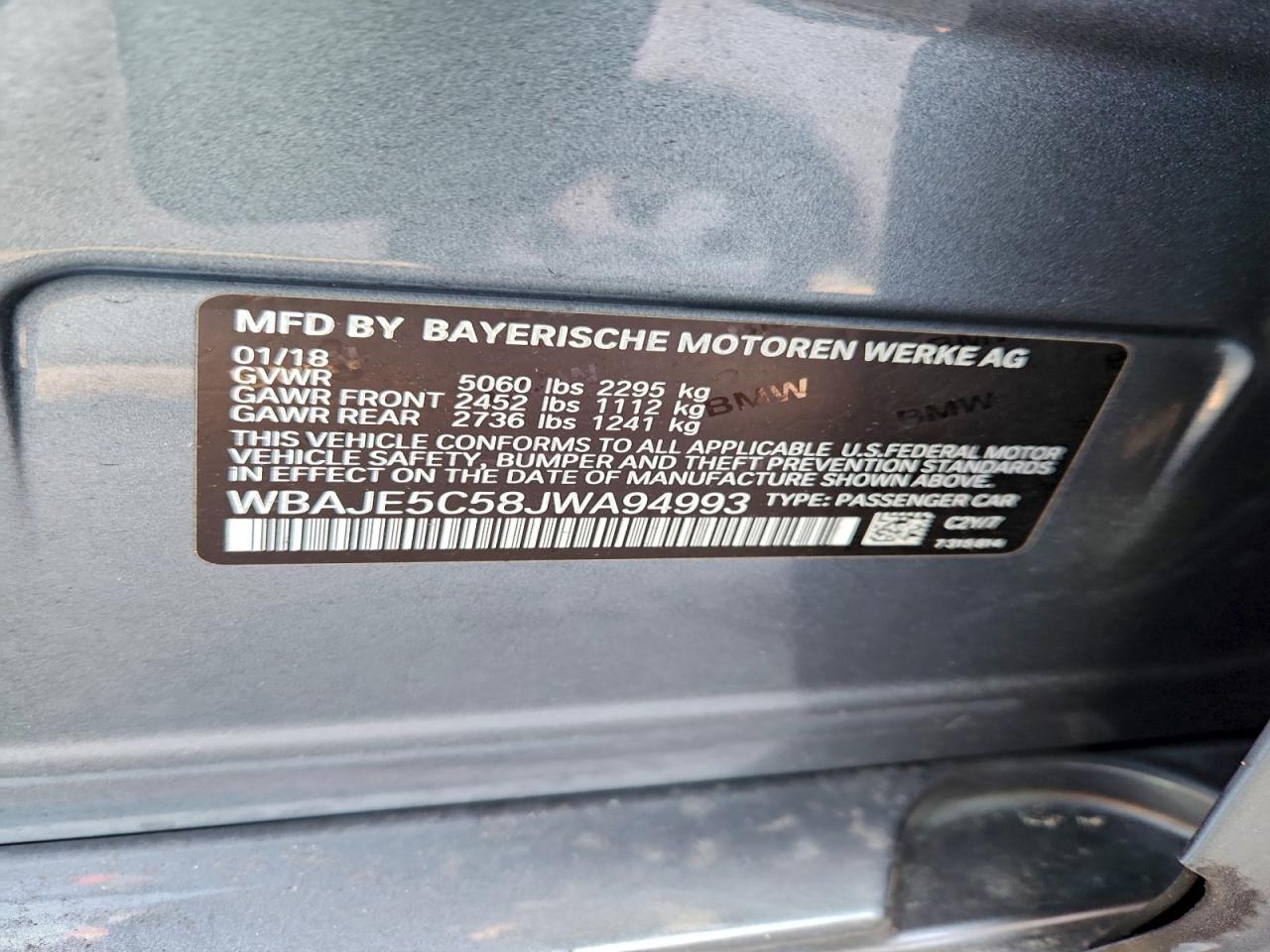 2018 BMW 540 I VIN: WBAJE5C58JWA94993 Lot: 92421405