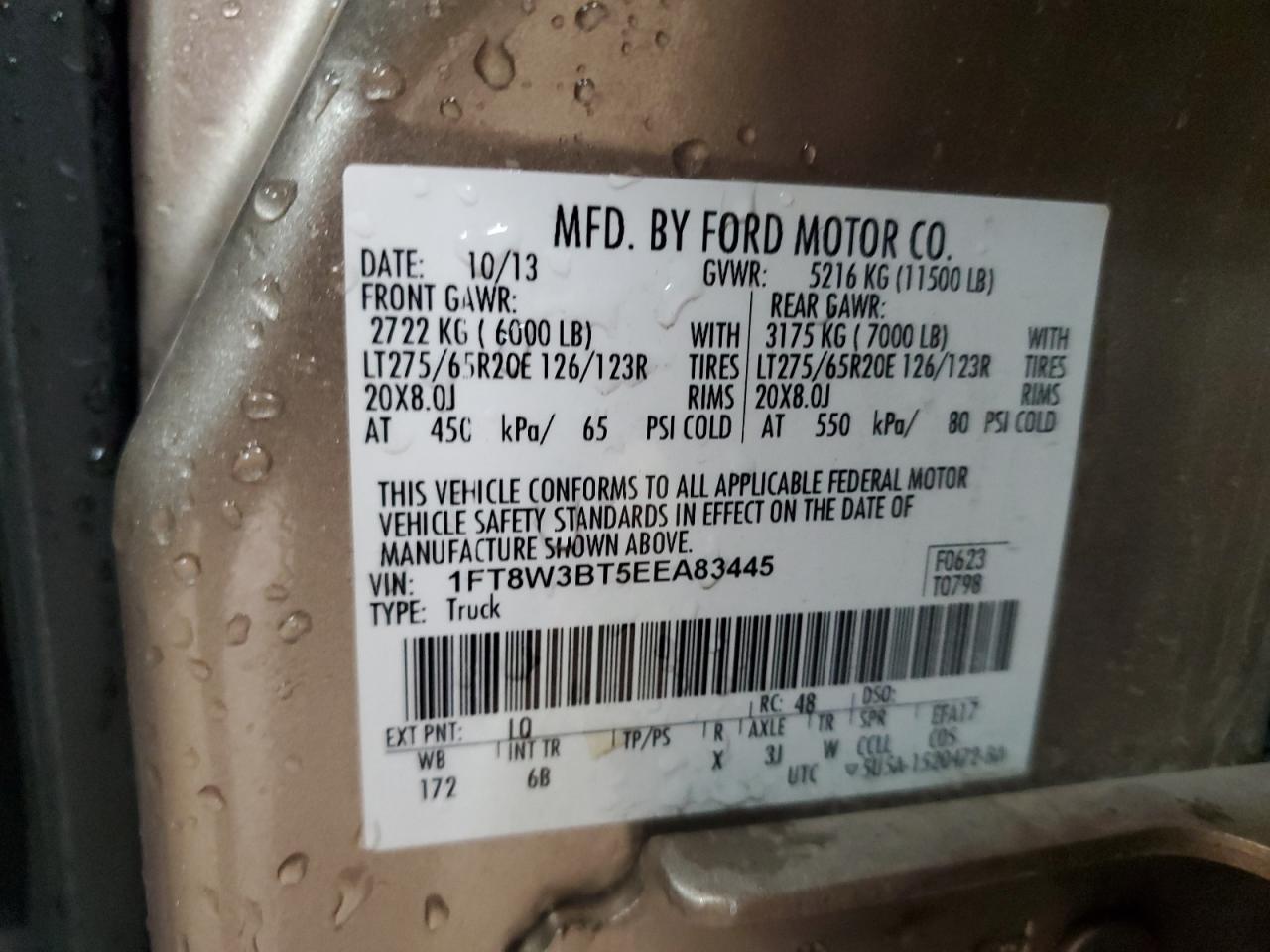 2014 Ford F350 Super Duty VIN: 1FT8W3BT5EEA83445 Lot: 92499175