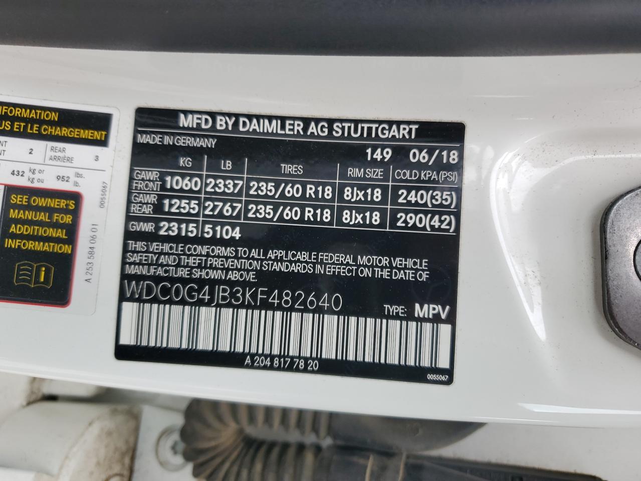 2019 Mercedes-Benz Glc 300 VIN: WDC0G4JB3KF482640 Lot: 93081525