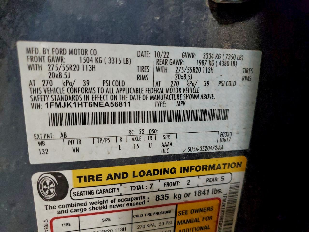 2022 Ford Expedition Max Xlt VIN: 1FMJK1HT6NEA56811 Lot: 93645915