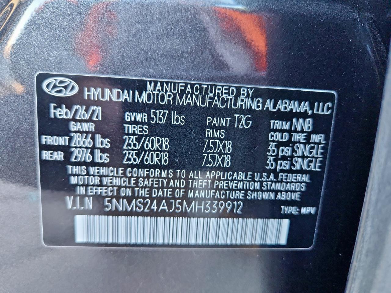 2021 Hyundai Santa Fe Sel VIN: 5NMS24AJ5MH339912 Lot: 90980995