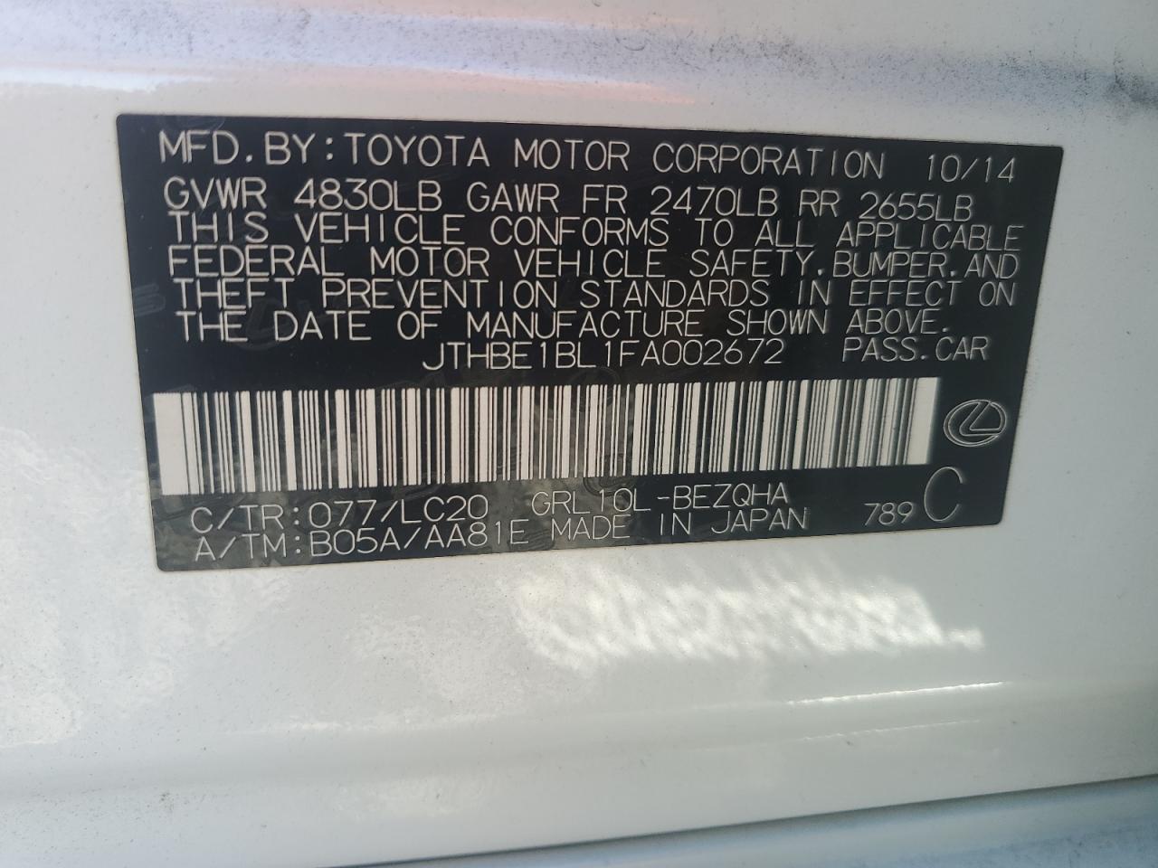 2015 Lexus Gs 350 VIN: JTHBE1BL1FA002672 Lot: 92582545