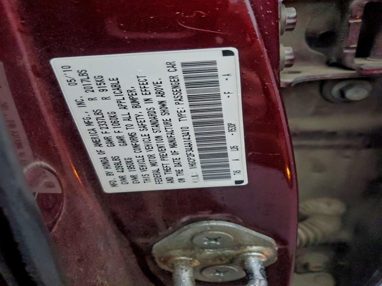 2010 Honda Accord Lx VIN: 1HGCP2F34AA143410 Lot: 94357665