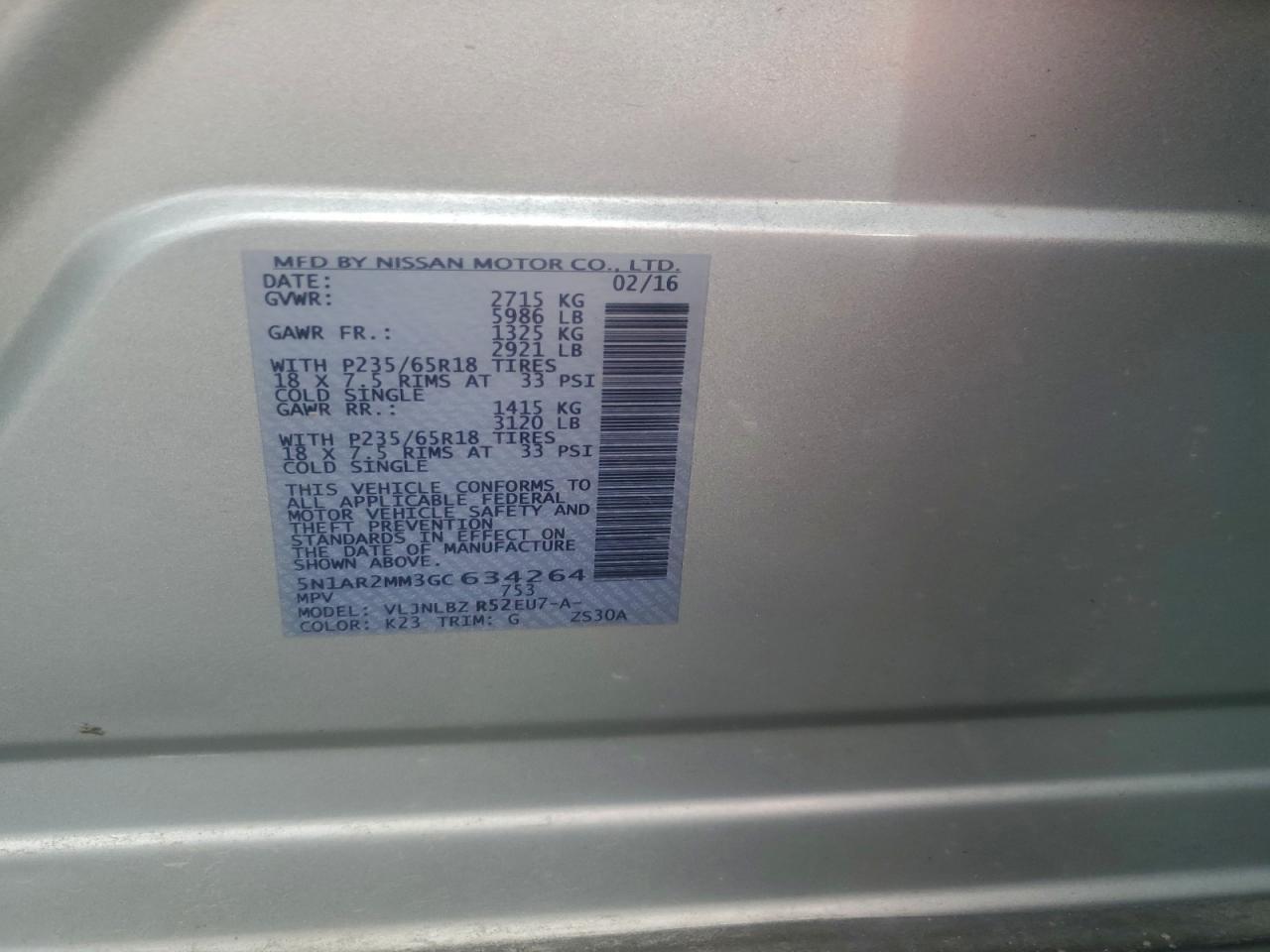 2016 Nissan Pathfinder S VIN: 5N1AR2MM3GC634264 Lot: 94428495