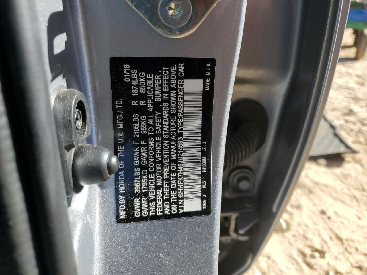 2018 Honda Civic Sport VIN: SHHFK7H46JU214593 Lot: 93104505