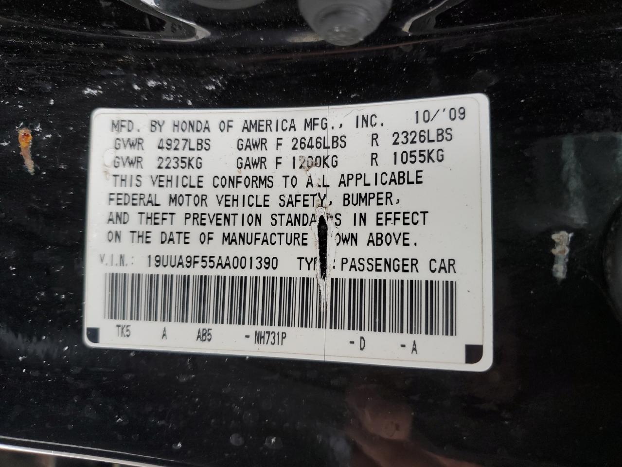 2010 Acura Tl VIN: 19UUA9F55AA001390 Lot: 91668465