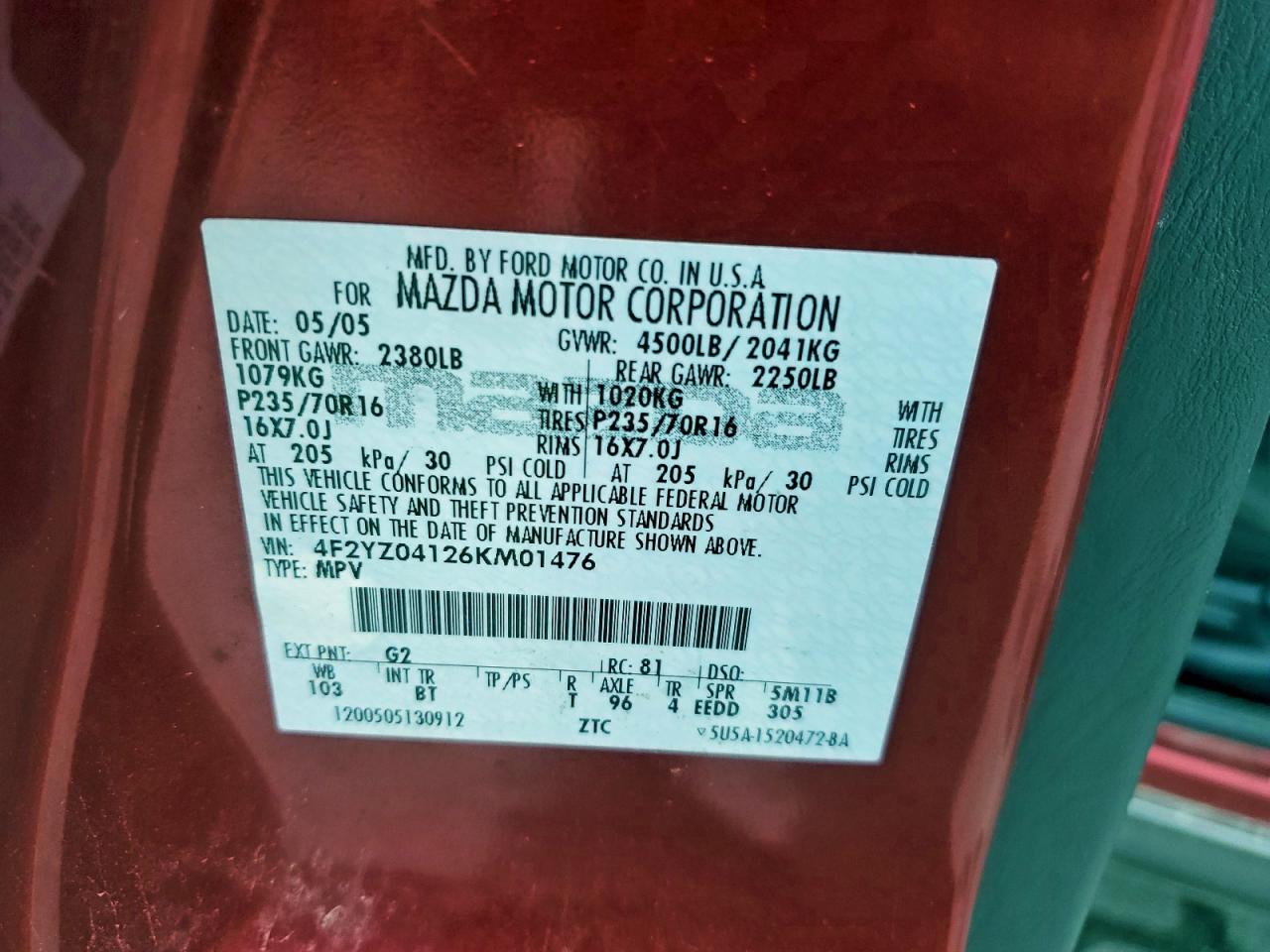 2006 Mazda Tribute S VIN: 4F2YZ04126KM01476 Lot: 94135165