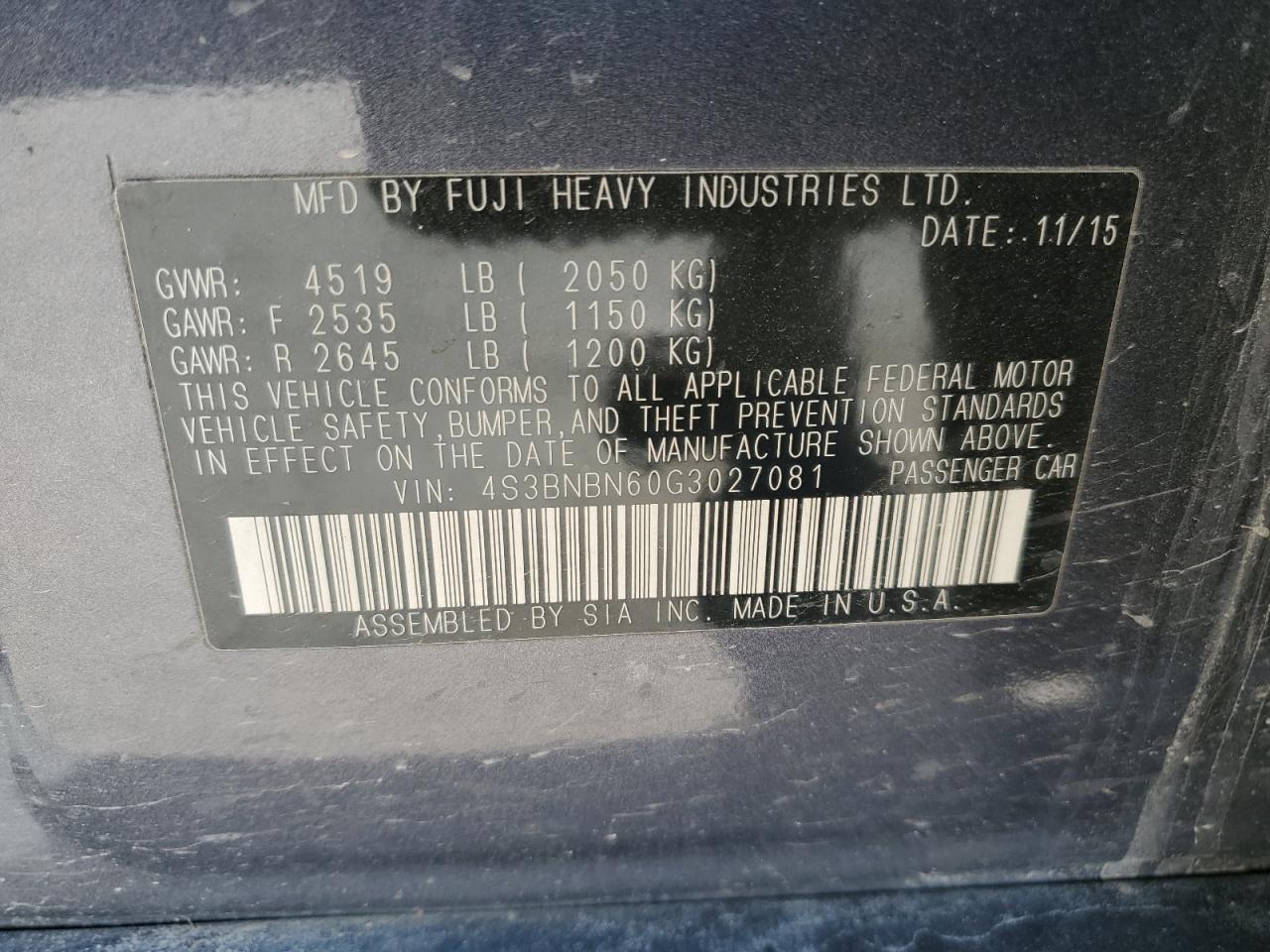 2016 Subaru Legacy 2.5I Limited VIN: 4S3BNBN60G3027081 Lot: 91490695