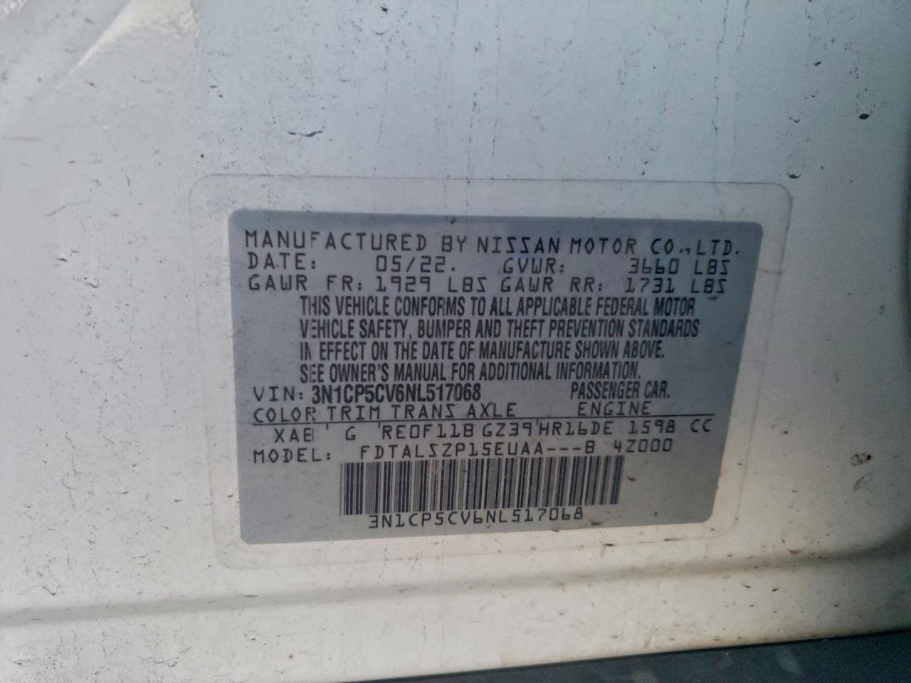 2022 Nissan Kicks Sv VIN: 3N1CP5CV6NL517068 Lot: 94588145