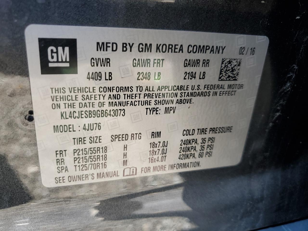 2016 Buick Encore VIN: KL4CJESB9GB643073 Lot: 91357105